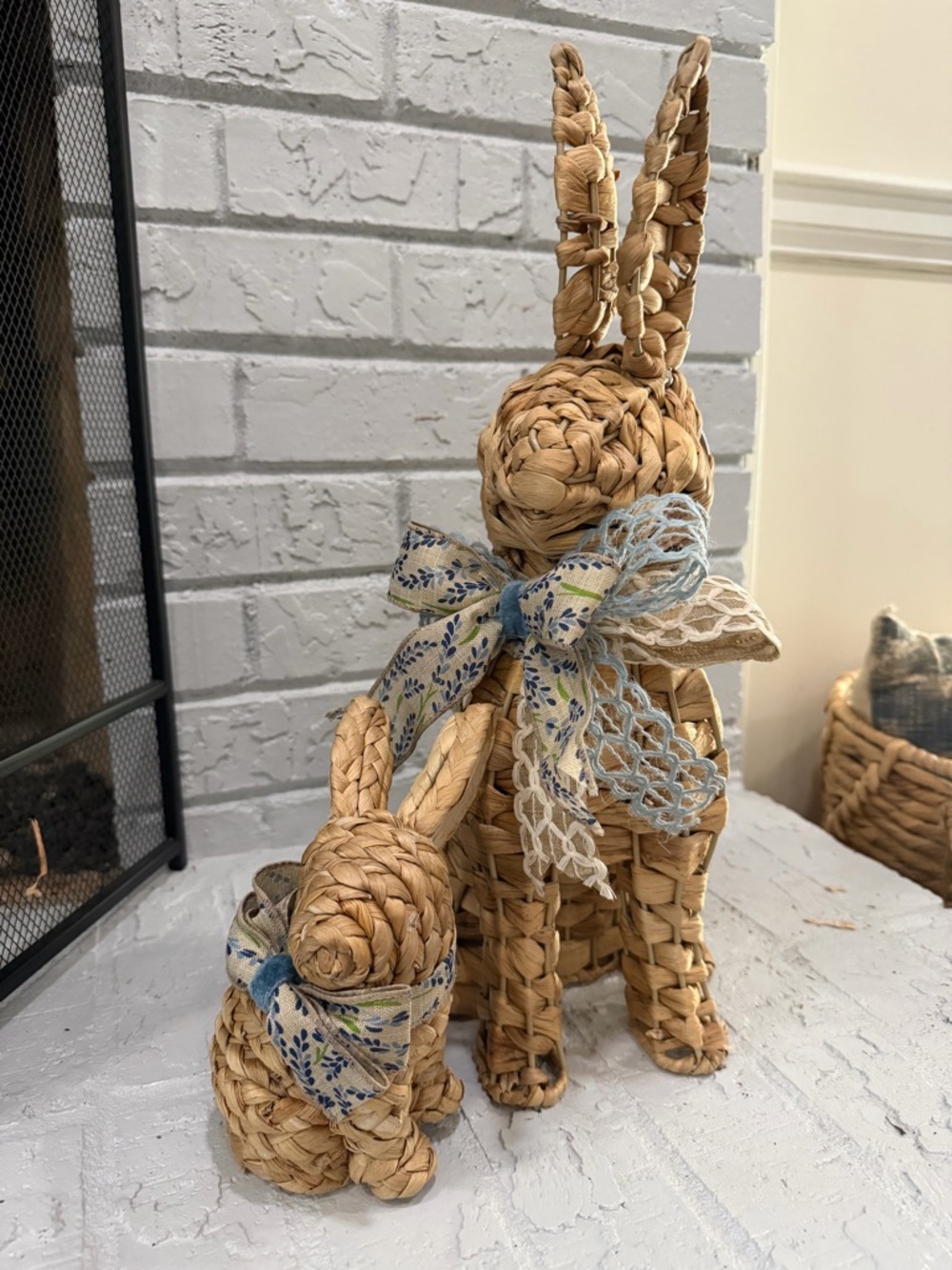 Woven Straw Bunny Pair with Blue Floral Bows